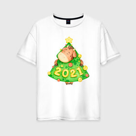Женская футболка хлопок Oversize с принтом Год быка 2021 Елочка-бычок в Санкт-Петербурге, 100% хлопок | свободный крой, круглый ворот, спущенный рукав, длина до линии бедер
 | 