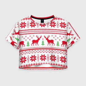 Женская футболка Crop-top 3D с принтом Новогодний узор с оленем в Санкт-Петербурге, 100% полиэстер | круглая горловина, длина футболки до линии талии, рукава с отворотами | 