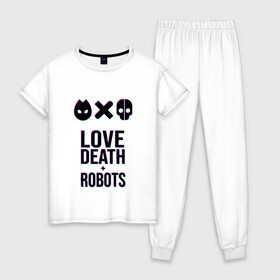 Женская пижама хлопок с принтом LDR Glitch в Санкт-Петербурге, 100% хлопок | брюки и футболка прямого кроя, без карманов, на брюках мягкая резинка на поясе и по низу штанин | death | fantastic | future | glitch | ldr | love | love death and robots | love death robots | netflix | robots | sci fi | будущее | глитч | лдр | любовь | нетфликс | роботы | фантастика