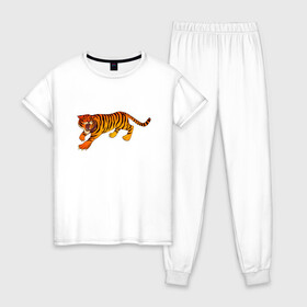 Женская пижама хлопок с принтом Тигр в Санкт-Петербурге, 100% хлопок | брюки и футболка прямого кроя, без карманов, на брюках мягкая резинка на поясе и по низу штанин | животные | звери | кошки | крупные | млекопитающее | ревущий | сердитый | тигр