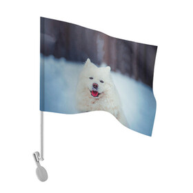 Флаг для автомобиля с принтом САМОЕД в Санкт-Петербурге, 100% полиэстер | Размер: 30*21 см | animals | dog | winter | домашние | друг | животные | звери | зима | лайка | пес | песель | природа | пушистый | самоед | собаки | собачка | хаски