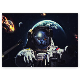 Поздравительная открытка с принтом Кот Космонавт в Санкт-Петербурге, 100% бумага | плотность бумаги 280 г/м2, матовая, на обратной стороне линовка и место для марки
 | cosmonavt | galaxy | nebula | space | star | абстракция | астронавт | вселенная | галактика | звезда | звезды | космический | космонавт | планеты | скафандр