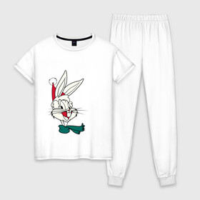Женская пижама хлопок с принтом Bugs Bunny в Санкт-Петербурге, 100% хлопок | брюки и футболка прямого кроя, без карманов, на брюках мягкая резинка на поясе и по низу штанин | looney tunes | warner bros | багз банни | безумные мелодии | веселые мелодии | ворнер | луни тюнз | луни тюнс | мультяшки | новый год