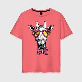 Женская футболка хлопок Oversize с принтом Жираф хипстер в Санкт-Петербурге, 100% хлопок | свободный крой, круглый ворот, спущенный рукав, длина до линии бедер
 | butterfly | cool | ears | eyes | fashion | giraffe | hipster | horns | hype | muzzle | бабочка | глаза | жираф | круто | очки | рога | уши