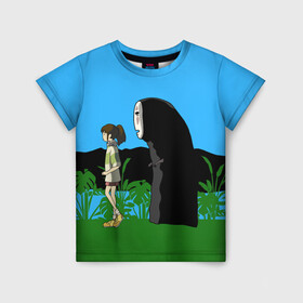 Детская футболка 3D с принтом Унесенные призраками в Санкт-Петербурге, 100% гипоаллергенный полиэфир | прямой крой, круглый вырез горловины, длина до линии бедер, чуть спущенное плечо, ткань немного тянется | haku | hayao miyazaki | no face | spirited away | аниме персонажи | безликий | безликий бог | божество | девочка | каонаси | мультяшный | небо | пейзаж | призрак | природа | река | речной дух | тихиро | фэнтези | хаку