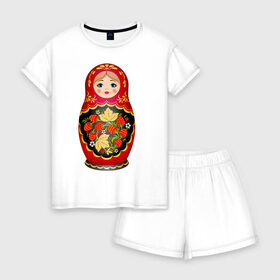 Женская пижама с шортиками хлопок с принтом Матрешка Снегурка Хохлома в Санкт-Петербурге, 100% хлопок | футболка прямого кроя, шорты свободные с широкой мягкой резинкой | 