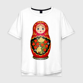 Мужская футболка хлопок Oversize с принтом Матрешка Снегурка Хохлома в Санкт-Петербурге, 100% хлопок | свободный крой, круглый ворот, “спинка” длиннее передней части | 