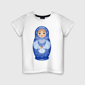 Детская футболка хлопок с принтом Матрешка Снегурка Гжель в Санкт-Петербурге, 100% хлопок | круглый вырез горловины, полуприлегающий силуэт, длина до линии бедер | 