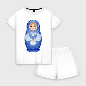 Женская пижама с шортиками хлопок с принтом Матрешка Снегурка Гжель в Санкт-Петербурге, 100% хлопок | футболка прямого кроя, шорты свободные с широкой мягкой резинкой | 