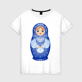 Женская футболка хлопок с принтом Матрешка Снегурка Гжель в Санкт-Петербурге, 100% хлопок | прямой крой, круглый вырез горловины, длина до линии бедер, слегка спущенное плечо | Тематика изображения на принте: 
