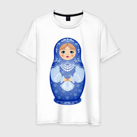 Мужская футболка хлопок с принтом Матрешка Снегурка Гжель в Санкт-Петербурге, 100% хлопок | прямой крой, круглый вырез горловины, длина до линии бедер, слегка спущенное плечо. | 