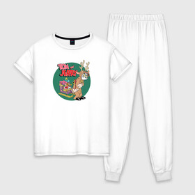 Женская пижама хлопок с принтом Tom and Jerry в Санкт-Петербурге, 100% хлопок | брюки и футболка прямого кроя, без карманов, на брюках мягкая резинка на поясе и по низу штанин | tom and jerry | vdkimel | warner bros | новый год | олень | подарки | сани | санта клаус | том и джерри