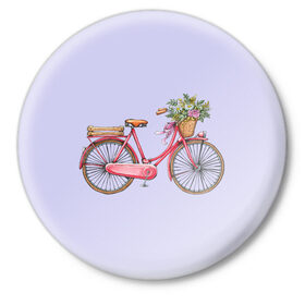 Значок с принтом Bicycle в Санкт-Петербурге,  металл | круглая форма, металлическая застежка в виде булавки | букет | велосипед | лето | цветы