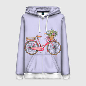 Женская толстовка 3D на молнии с принтом Bicycle в Санкт-Петербурге, 100% полиэстер | длина до линии бедра, манжеты и пояс оформлены мягкой тканевой резинкой, двухслойный капюшон со шнурком для регулировки, спереди молния, по бокам два кармана | букет | велосипед | лето | цветы