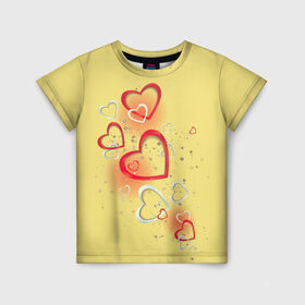 Детская футболка 3D с принтом Сердечки в лимонаде. в Санкт-Петербурге, 100% гипоаллергенный полиэфир | прямой крой, круглый вырез горловины, длина до линии бедер, чуть спущенное плечо, ткань немного тянется | 