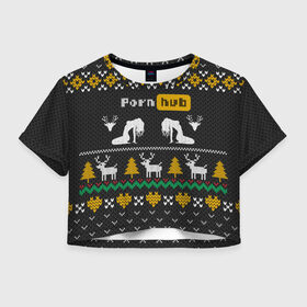 Женская футболка Crop-top 3D с принтом Pornhub свитер с оленями в Санкт-Петербурге, 100% полиэстер | круглая горловина, длина футболки до линии талии, рукава с отворотами | 2021 | knit | knitted | merch | new year | sweater | ugly sweater | вязанный | вязяный | зимний | лого | логотип | мерч | новый год | олени | рождественский | рождественский свитер | рождес