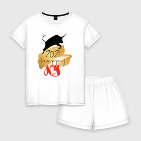 Женская пижама с шортиками хлопок с принтом Год Быка 2021 в Санкт-Петербурге, 100% хлопок | футболка прямого кроя, шорты свободные с широкой мягкой резинкой | 
