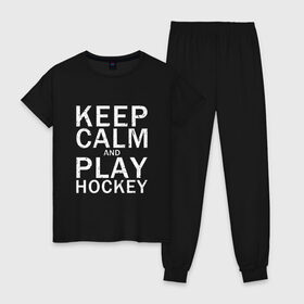 Женская пижама хлопок с принтом K.C.a. Play Hockey в Санкт-Петербурге, 100% хлопок | брюки и футболка прямого кроя, без карманов, на брюках мягкая резинка на поясе и по низу штанин | and | calm | hockey | ice | keep | play | sport | sports | и | играй | сохраняй | спокойствие | спорт | хокей | хоккей