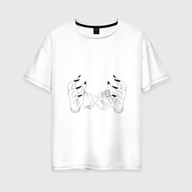Женская футболка хлопок Oversize с принтом Jujutsu Kaisen Itadori в Санкт-Петербурге, 100% хлопок | свободный крой, круглый ворот, спущенный рукав, длина до линии бедер
 | Тематика изображения на принте: hand | itadori | sukuna | итадори | магическая битва | руки | сукуна