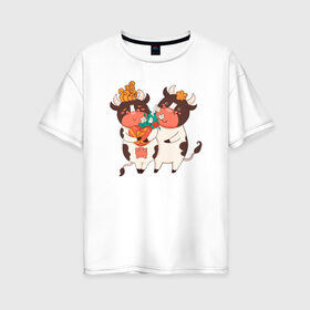Женская футболка хлопок Oversize с принтом Влюбленные бычок и корова в Санкт-Петербурге, 100% хлопок | свободный крой, круглый ворот, спущенный рукав, длина до линии бедер
 | 