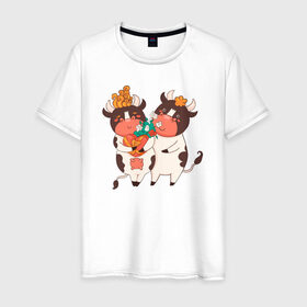 Мужская футболка хлопок с принтом Влюбленные бычок и корова в Санкт-Петербурге, 100% хлопок | прямой крой, круглый вырез горловины, длина до линии бедер, слегка спущенное плечо. | 