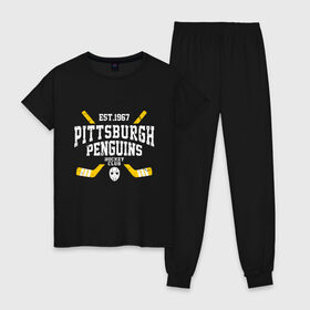 Женская пижама хлопок с принтом Pittsburgh Penguins в Санкт-Петербурге, 100% хлопок | брюки и футболка прямого кроя, без карманов, на брюках мягкая резинка на поясе и по низу штанин | hockey | nhl | penguins | pittsburg | pittsburgh | pittsburgh penguins | usa | нхл | пингвинз | питтсбург | питтсбург пингвинз | спорт | сша | хоккей | шайба