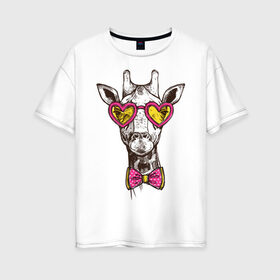 Женская футболка хлопок Oversize с принтом Жираф с бабочкой в Санкт-Петербурге, 100% хлопок | свободный крой, круглый ворот, спущенный рукав, длина до линии бедер
 | бабочки | животное | жираф | очки | рисунок | розовые | сердечки