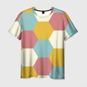 Мужская футболка 3D с принтом Разноцветные узоры в Санкт-Петербурге, 100% полиэфир | прямой крой, круглый вырез горловины, длина до линии бедер | геометрия | разноцветный | спорт | узоры | фигура | футбол | шестиугольники