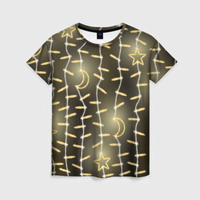 Женская футболка 3D с принтом Золотая Гирлянда в Санкт-Петербурге, 100% полиэфир ( синтетическое хлопкоподобное полотно) | прямой крой, круглый вырез горловины, длина до линии бедер | 