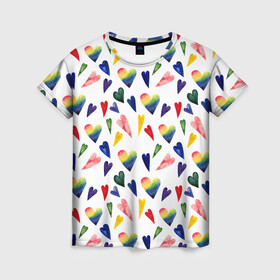 Женская футболка 3D с принтом Пастельные сердца в Санкт-Петербурге, 100% полиэфир ( синтетическое хлопкоподобное полотно) | прямой крой, круглый вырез горловины, длина до линии бедер | gradient | heart | pastel | pattern | rainbow | watercolor | акварель | градиент | пастель | радуга | сердце | узор