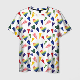 Мужская футболка 3D с принтом Пастельные сердца в Санкт-Петербурге, 100% полиэфир | прямой крой, круглый вырез горловины, длина до линии бедер | gradient | heart | pastel | pattern | rainbow | watercolor | акварель | градиент | пастель | радуга | сердце | узор