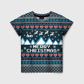 Детская футболка 3D с принтом Свитер Merry Christmas в Санкт-Петербурге, 100% гипоаллергенный полиэфир | прямой крой, круглый вырез горловины, длина до линии бедер, чуть спущенное плечо, ткань немного тянется | 8бит | merry christmas | вязаный | горы | новый год | олени | пиксельный | ретро | рождество | свитер | узор