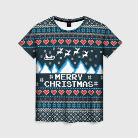 Женская футболка 3D с принтом Свитер Merry Christmas в Санкт-Петербурге, 100% полиэфир ( синтетическое хлопкоподобное полотно) | прямой крой, круглый вырез горловины, длина до линии бедер | 8бит | merry christmas | вязаный | горы | новый год | олени | пиксельный | ретро | рождество | свитер | узор