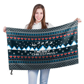 Флаг 3D с принтом Свитер Merry Christmas в Санкт-Петербурге, 100% полиэстер | плотность ткани — 95 г/м2, размер — 67 х 109 см. Принт наносится с одной стороны | 8бит | merry christmas | вязаный | горы | новый год | олени | пиксельный | ретро | рождество | свитер | узор
