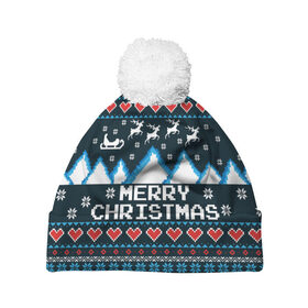 Шапка 3D c помпоном с принтом Свитер Merry Christmas в Санкт-Петербурге, 100% полиэстер | универсальный размер, печать по всей поверхности изделия | 8бит | merry christmas | вязаный | горы | новый год | олени | пиксельный | ретро | рождество | свитер | узор