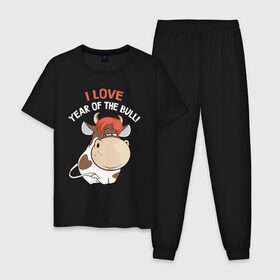Мужская пижама хлопок с принтом I love year of the bull! в Санкт-Петербурге, 100% хлопок | брюки и футболка прямого кроя, без карманов, на брюках мягкая резинка на поясе и по низу штанин
 | Тематика изображения на принте: 