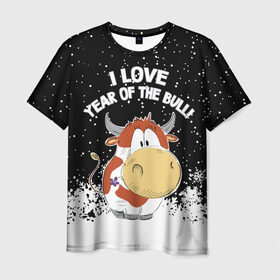 Мужская футболка 3D с принтом I love year of the bull! в Санкт-Петербурге, 100% полиэфир | прямой крой, круглый вырез горловины, длина до линии бедер | Тематика изображения на принте: 