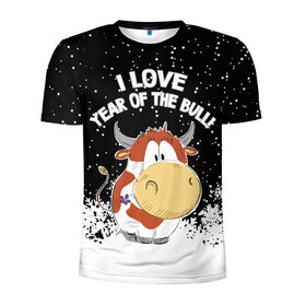 Мужская футболка 3D спортивная с принтом I love year of the bull! в Санкт-Петербурге, 100% полиэстер с улучшенными характеристиками | приталенный силуэт, круглая горловина, широкие плечи, сужается к линии бедра | Тематика изображения на принте: 