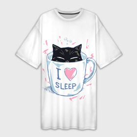 Платье-футболка 3D с принтом Я Люблю Спать в Санкт-Петербурге,  |  | Тематика изображения на принте: cat | cats | coffee | i | love | nekoffee | night | sleep | вечер | жарко | зима | кот | котенок | котик | котэ | котяра | котята | кофе | кошка | люблю | любовь | нежное | нежный | ночь | сон | спать | тепло | холод | холодно | я