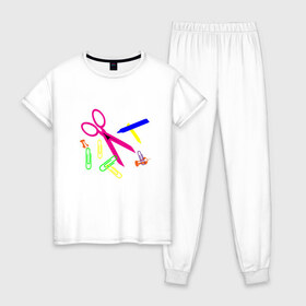 Женская пижама хлопок с принтом Цветные мелкие предметы в Санкт-Петербурге, 100% хлопок | брюки и футболка прямого кроя, без карманов, на брюках мягкая резинка на поясе и по низу штанин | 