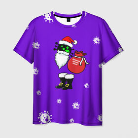 Мужская футболка 3D с принтом Новогодняя корона в Санкт-Петербурге, 100% полиэфир | прямой крой, круглый вырез горловины, длина до линии бедер | дед мороз | коронавирус | новогодний коронавирус | санта клаус | снег | снежинки