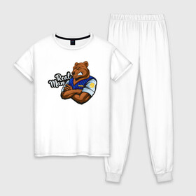Женская пижама хлопок с принтом Крутой медведь mr Bear в Санкт-Петербурге, 100% хлопок | брюки и футболка прямого кроя, без карманов, на брюках мягкая резинка на поясе и по низу штанин | Тематика изображения на принте: 23 февраля | bear | real man | военный | дерзкий | клыки | крутой | медведь | милиция | мишка | мужик | мускулы | опасный | парень | прикольный | реальный | русский | сильный