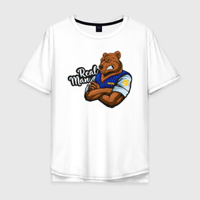 Мужская футболка хлопок Oversize с принтом Крутой медведь mr.Bear. в Санкт-Петербурге, 100% хлопок | свободный крой, круглый ворот, “спинка” длиннее передней части | 23 февраля | bear | real man | военный | дерзкий | клыки | крутой | медведь | милиция | мишка | мужик | мускулы | опасный | парень | прикольный | реальный | русский | сильный