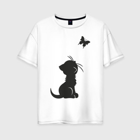 Женская футболка хлопок Oversize с принтом Котенок и бабочка в Санкт-Петербурге, 100% хлопок | свободный крой, круглый ворот, спущенный рукав, длина до линии бедер
 | бабочка | животные | кот | котенок | милый