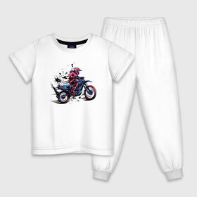 Детская пижама хлопок с принтом Мотокросс в Санкт-Петербурге, 100% хлопок |  брюки и футболка прямого кроя, без карманов, на брюках мягкая резинка на поясе и по низу штанин
 | moto | motocross | motorcycle | мото | мотокросс | мотоцикл | мотоциклист | мотоциклисты | мотоциклы | неон | череп | шлем