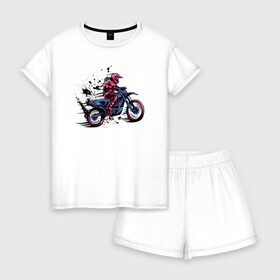 Женская пижама с шортиками хлопок с принтом Мотокросс в Санкт-Петербурге, 100% хлопок | футболка прямого кроя, шорты свободные с широкой мягкой резинкой | moto | motocross | motorcycle | мото | мотокросс | мотоцикл | мотоциклист | мотоциклисты | мотоциклы | неон | череп | шлем