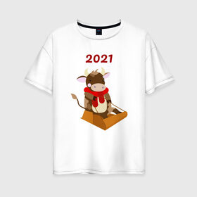 Женская футболка хлопок Oversize с принтом Бычок на санях 2021 в Санкт-Петербурге, 100% хлопок | свободный крой, круглый ворот, спущенный рукав, длина до линии бедер
 | 