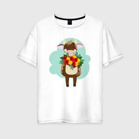 Женская футболка хлопок Oversize с принтом Бычок с цветами в Санкт-Петербурге, 100% хлопок | свободный крой, круглый ворот, спущенный рукав, длина до линии бедер
 | 