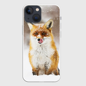 Чехол для iPhone 13 mini с принтом Лиса в Санкт-Петербурге,  |  | Тематика изображения на принте: animal | fox | foxy | snow | winter | животное | животные | звери | зверь | зима | лиса | лисица | мороз | рыжая | снег | снежинка