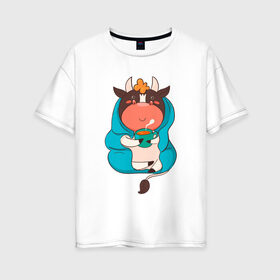 Женская футболка хлопок Oversize с принтом Бычок с чашкой кофе в Санкт-Петербурге, 100% хлопок | свободный крой, круглый ворот, спущенный рукав, длина до линии бедер
 | 